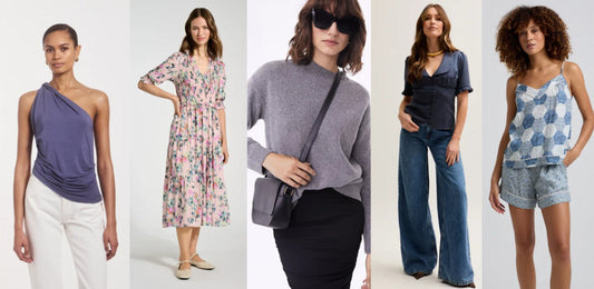 Five models wearing soft summer clothes, including a grey-blue A-line top, pink floral summer dress, soft grey knitted jumper, dusty navy V-neck top and jeans, and patchwork pattern blue pyjamas.