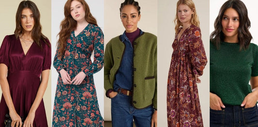 Five models wearing Deep Autumn fashion, including a burgundy dress, a deep teal with orange print dress, a khaki fleece jacket, a burgundy dress with woodland theme, and a sparkly bottle-green t-shirt.