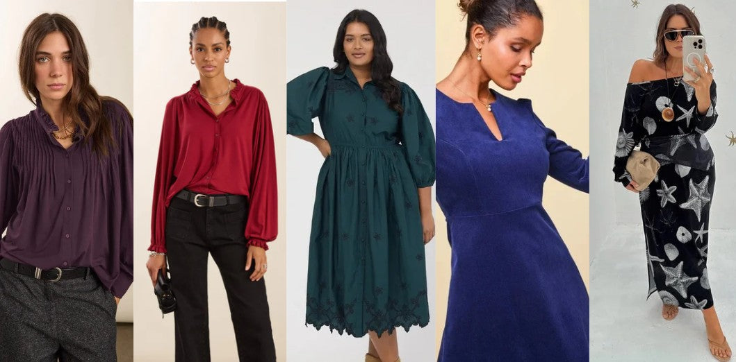 Five models wearing Deep Winter colours, including a deep purple blouse, dark red blouse, teal dress, rich royal blue velvet dress and black dress with white seashell pattern.