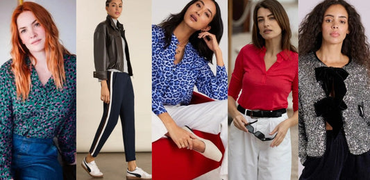 Five models wearing Cool Winter clothing, including a patterned teal and fuchsia blouse, a dark brown leather jacket, a bright blue leopard print shirt, a red polo shirt with white trousers, and a silver sparkly cardigan with black bows.