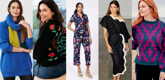 Five models wearing Clear Winter fashion: a cobalt blue jumper with acid yellow scarf, a black cardigan with red rose design, a patterned blue, black, and red jumpsuit, a black and white off-the-shoulder dress, and a magenta and navy geometric sweater.