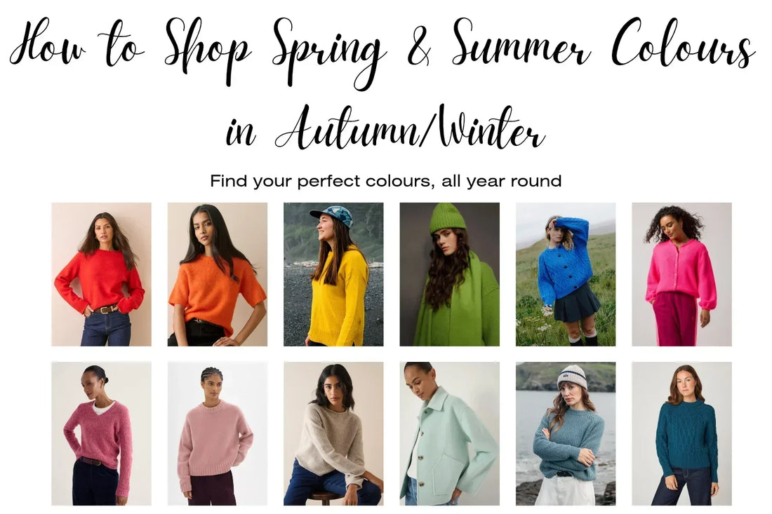 Collage of autumn and winter outfits in Spring and Summer colour palettes, featuring colourful knitwear and coats in red, yellow, green, blue, pink and soft neutrals.