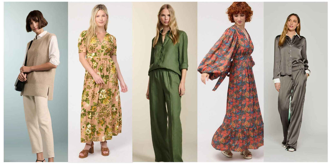 Five models wearing soft autumn outfits, including beige sweater vest and oatmeal trousers, patterned leafy peach dress, khaki green linen ensemble, red floral dress and soft charcoal satin matching trousers and shirt.