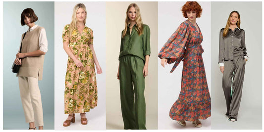 Five models wearing soft autumn outfits, including beige sweater vest and oatmeal trousers, patterned leafy peach dress, khaki green linen ensemble, red floral dress and soft charcoal satin matching trousers and shirt.