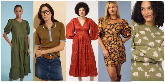 Five models in Autumn clothing, including: a khaki/olive dress, a warm chocolate polo shirt, a rust red party dress, a patterned orange mini dress, and a soft sage green jumper with dinosaur pattern.