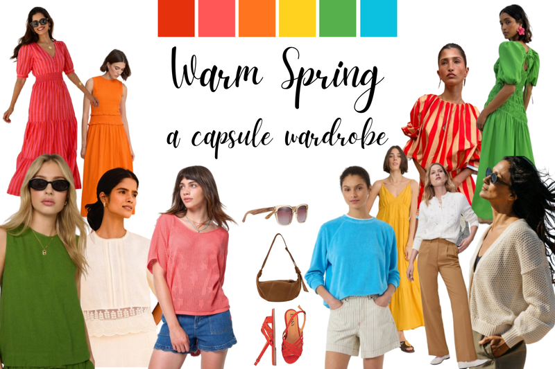 Warm Spring palette infographic with examples of clothing in bright, warm colours. Text reads "Warm Spring, a capsule wardrobe".