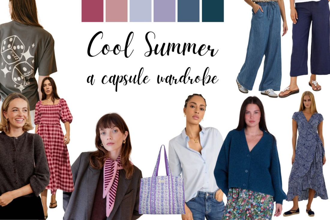 Cool Summer capsule wardrobe with outfit ideas in cool-toned blues, pinks and neutrals