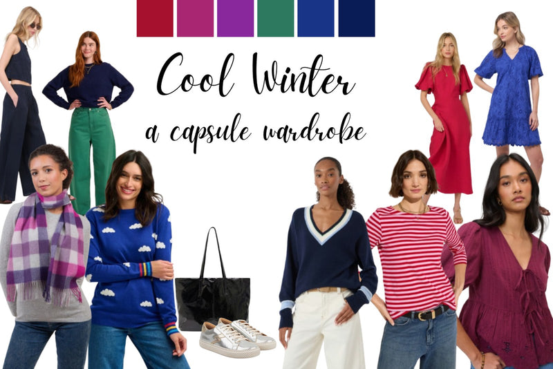 Cool Winter capsule wardrobe featuring cobalt blue, raspberry pink, cool plum, emerald green, navy separates, metallic accessories and cool-toned wardrobe essentials.