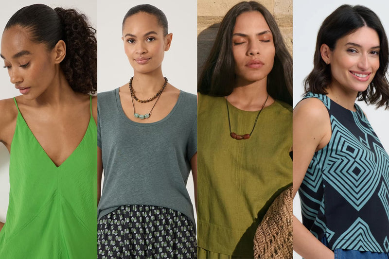 Four images of different green outfits: cool, warm, soft, and bright