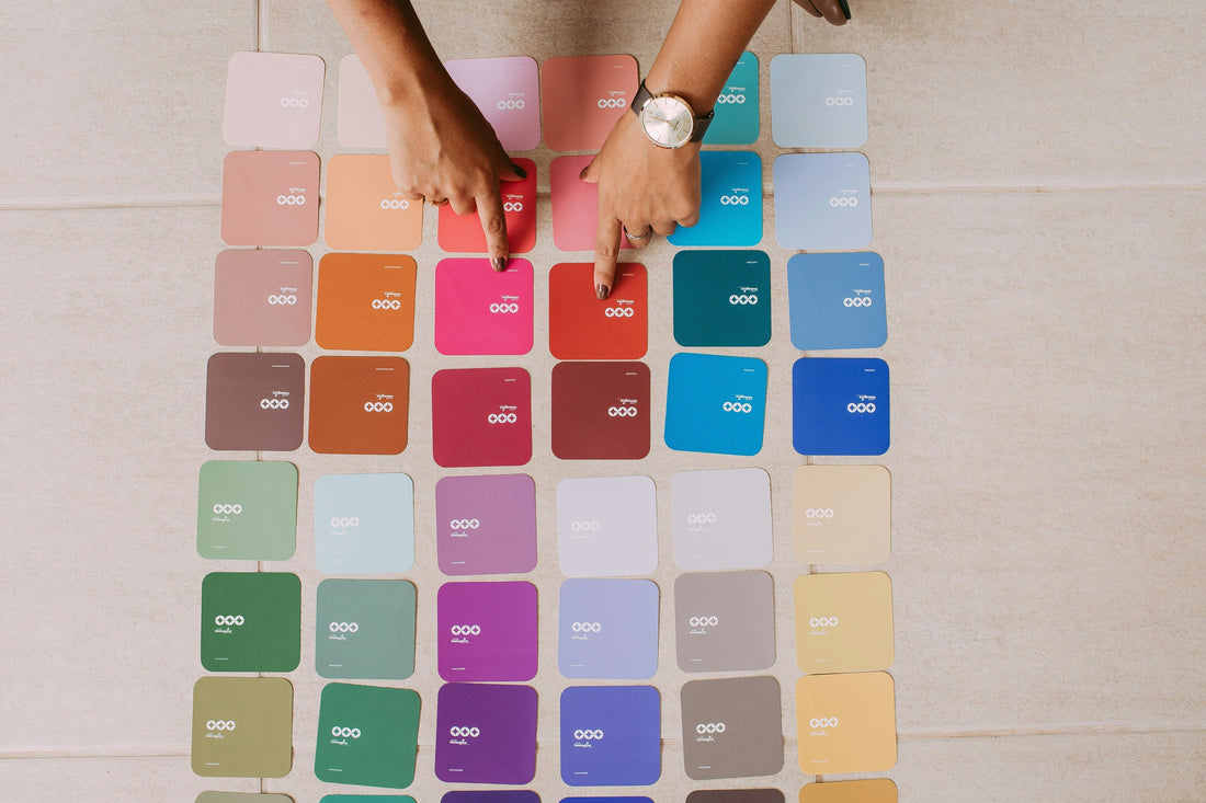 Colour swatches on a table.