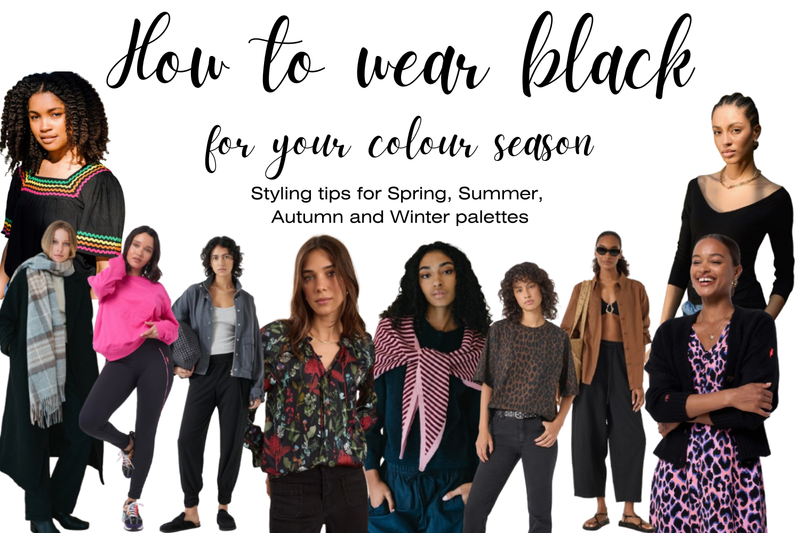 A graphic showing models wearing different outfits styled with black. Text reads "how to wear black for your colour season. Styling tips for Spring, Summer, Autumn, and Winter palettes".