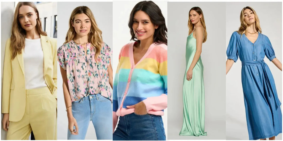 Light Spring colour season outfits in soft yellow, pastel pink, mint green and sky blue clothing