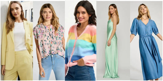 Light Spring colour season outfits in soft yellow, pastel pink, mint green and sky blue clothing