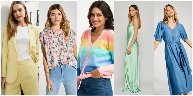 Light Spring colour season outfits in soft yellow, pastel pink, mint green and sky blue clothing