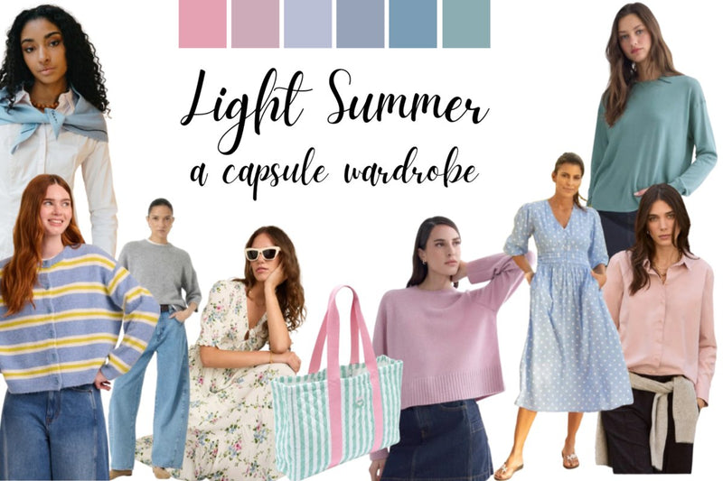 Light Summer capsule wardrobe with outfit ideas in soft blue, pink, and pastel tones