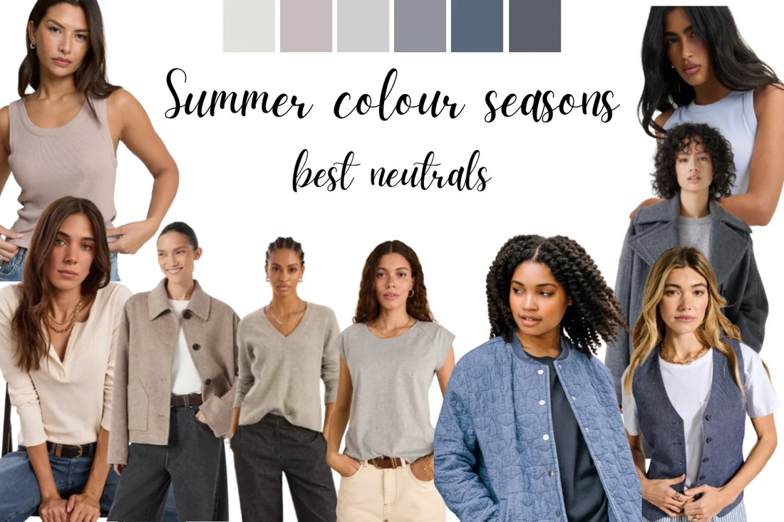 Summer colour season neutral palette with taupe, grey and blue-grey clothing examples.
