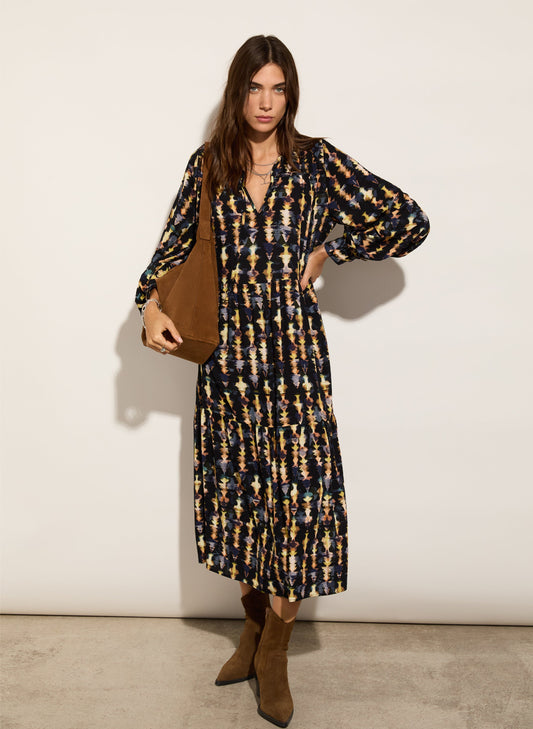 Kalina Printed Midi Dress Navy Texture