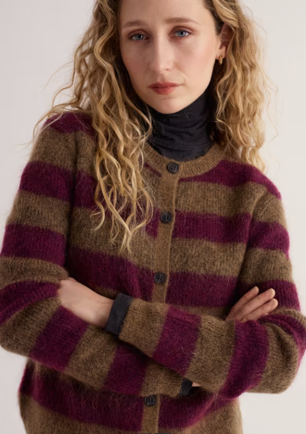 Soft mohair striped berry and brown cardigan.