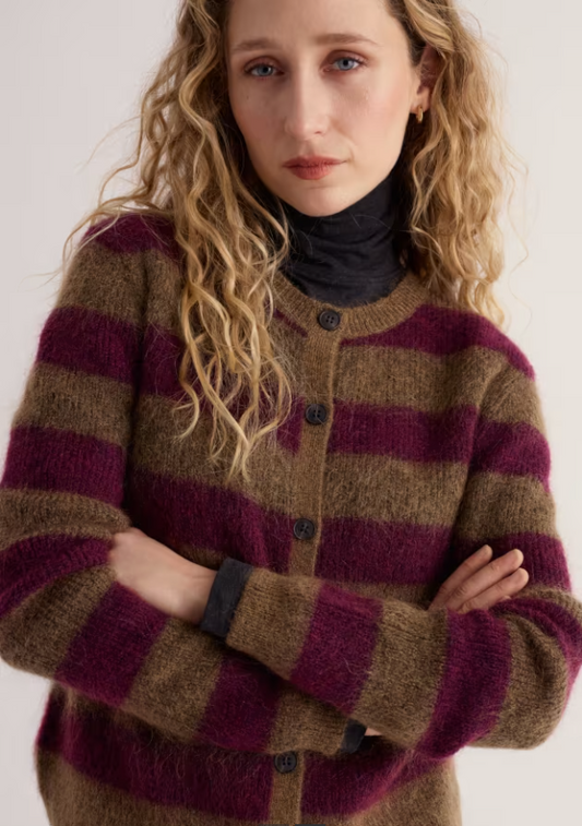 Soft mohair striped berry and brown cardigan.