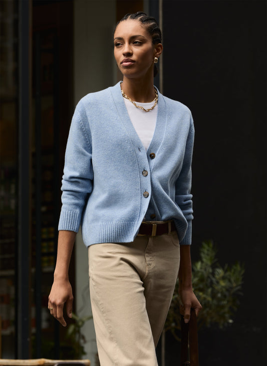 Soft blue merino wool v-neck cardigan.