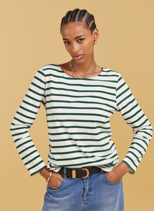 Ashley Organic Cotton Top / Soft White & Forest Green