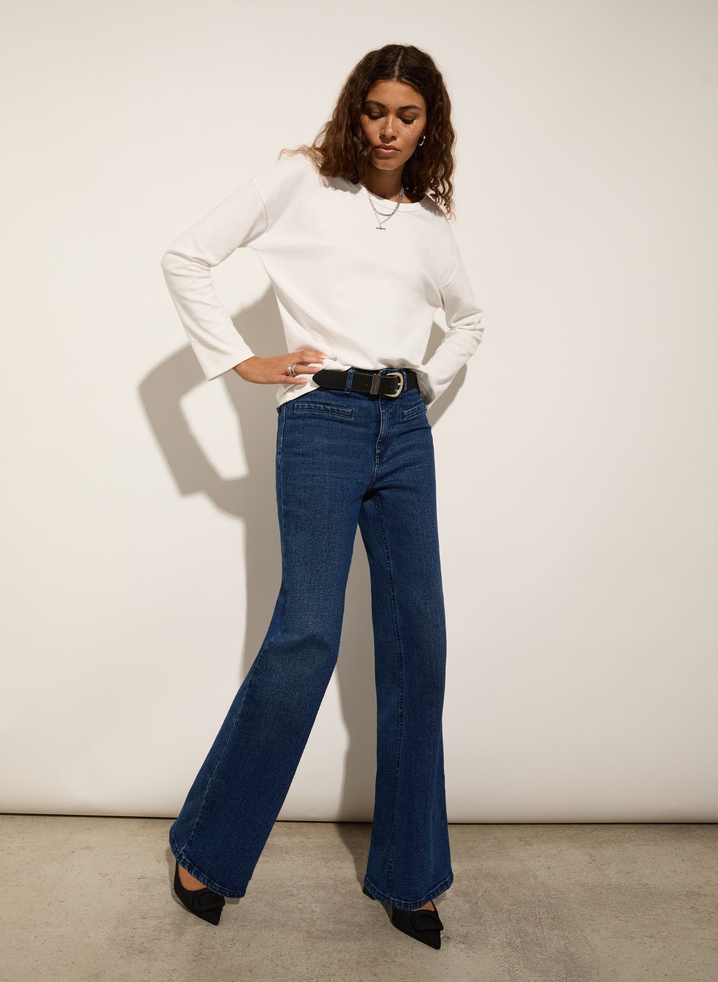 Organic Stretch Cotton Pocket Wide Leg Jeans / Dark Indigo