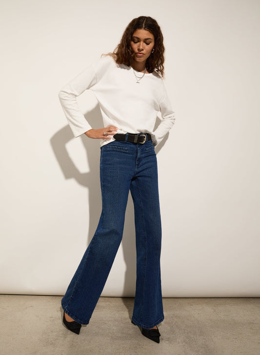 Organic Stretch Cotton Pocket Wide Leg Jeans / Dark Indigo