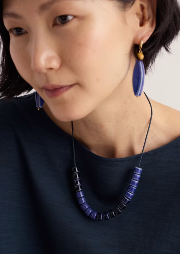 Ceramic bead necklace in blue and navy.