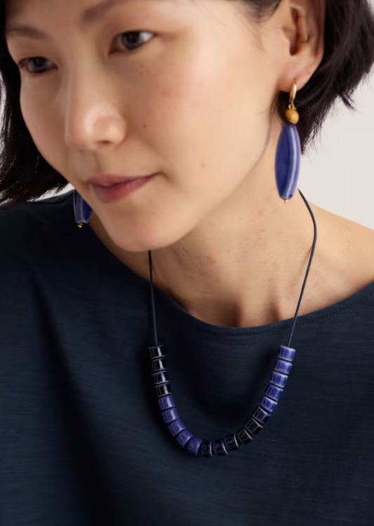 Ceramic bead necklace in blue and navy.