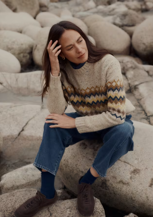 Oatmeal Fair Isle patterned jumper.