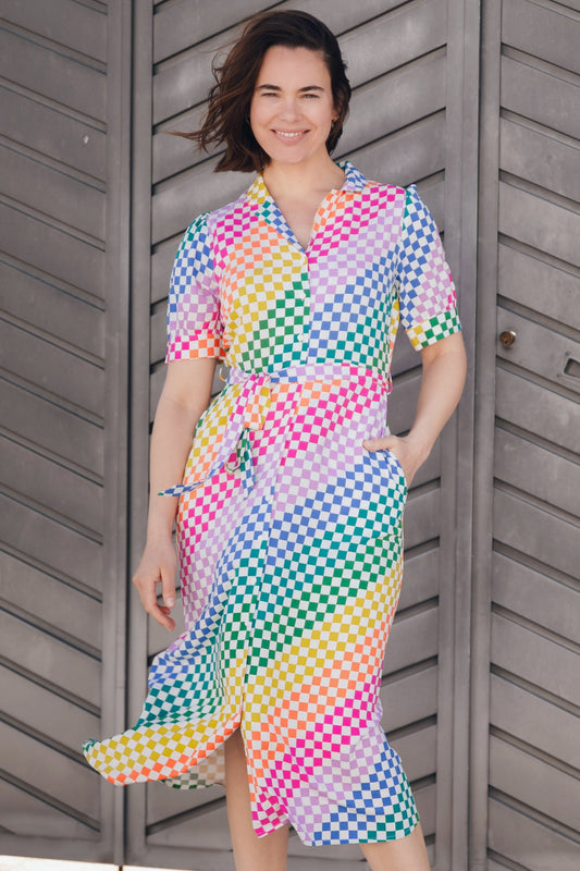 Penelope Midi Shirt Dress - Multi, Rainbow Checkerboard