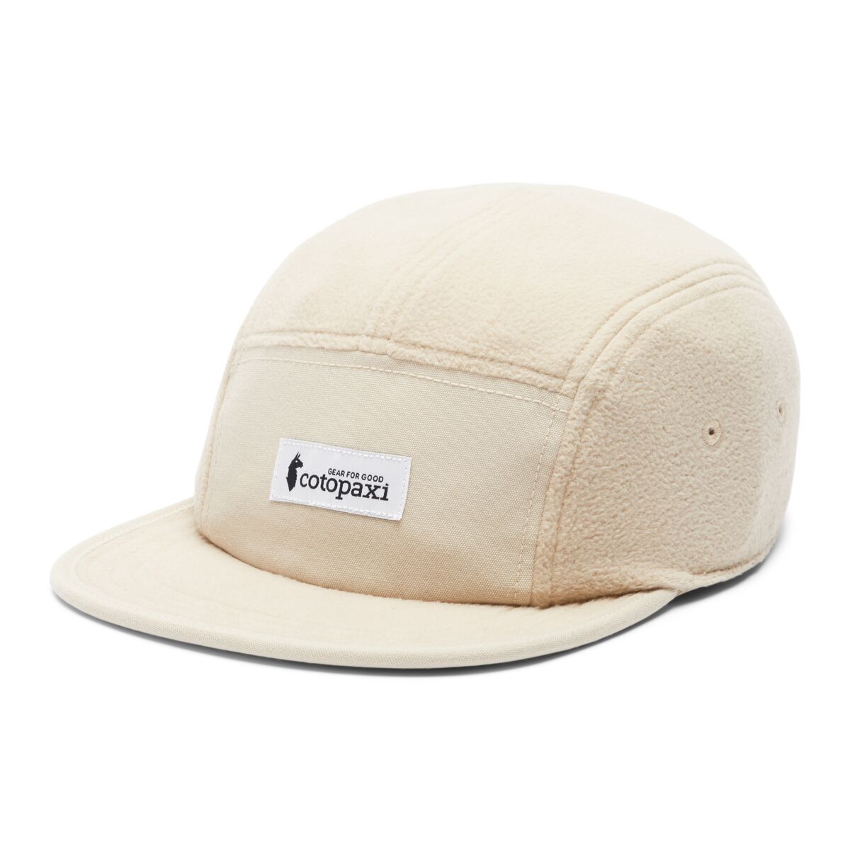 Cream fleece baseball cap with Cotopaxi patch.