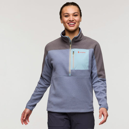 Half zip fleece by Cotopaxi in soft blue and dove grey.