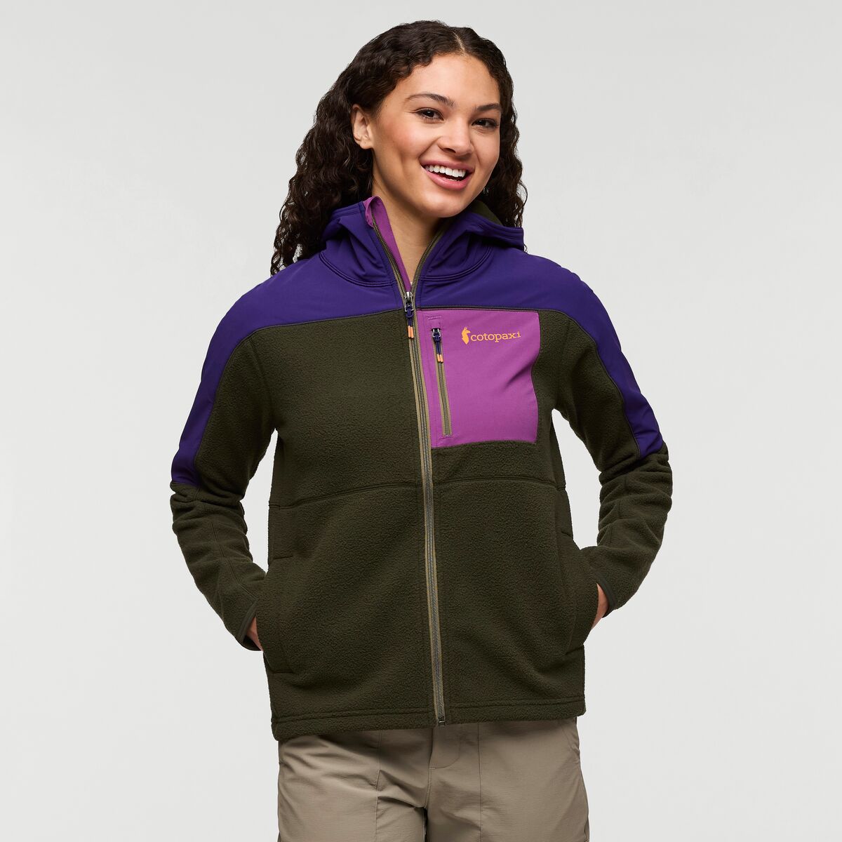 Olive and purple full zip recycled fleece from Cotopaxi.