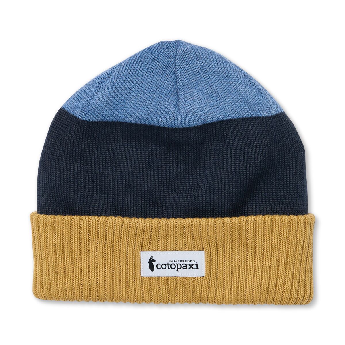 Three-toned Cotopaxi beanie with blue, navy, and mustard yellow sections.