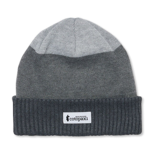 Grey three tone knitted beanie by Cotopaxi.