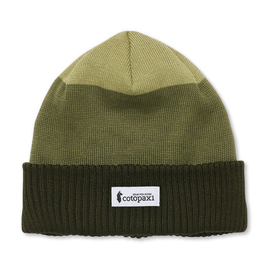 Three tone knitted beanie by Cotopaxi in sage green, khaki, and forest green.