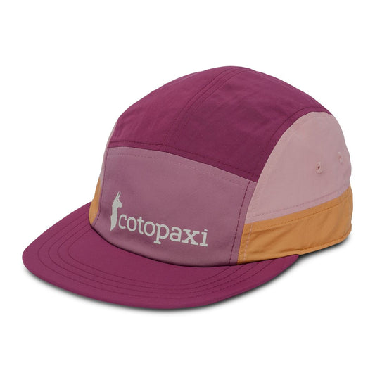 Colour blocked dusky pink baseball hat with Cotopaxi logo.