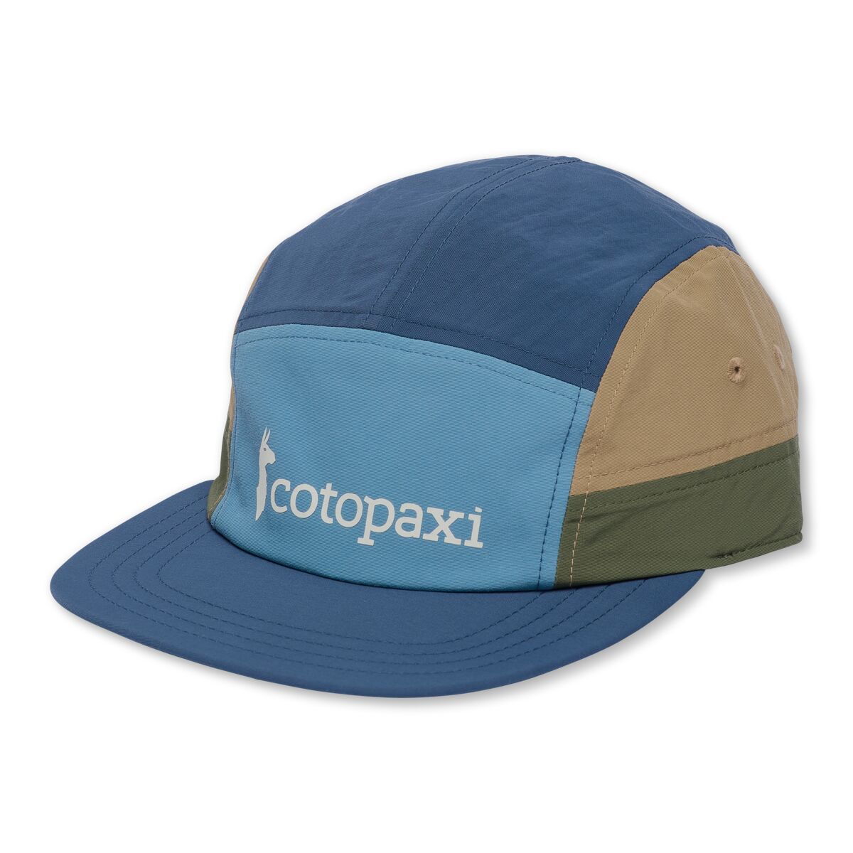 Colour-blocked blue and khaki baseball cap with Cotopaxi logo.