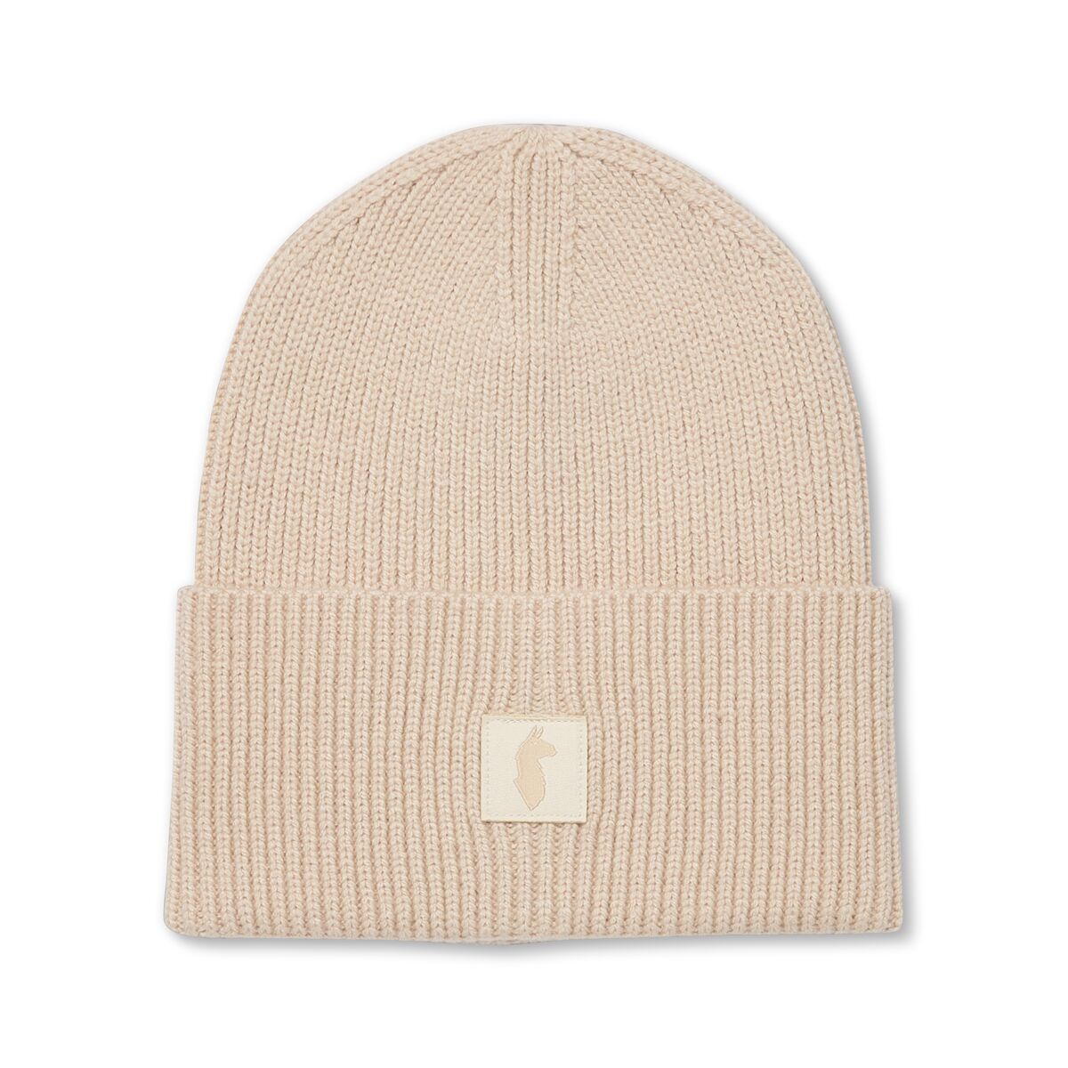 Cream knitted beanie with Cotopaxi llama patch.