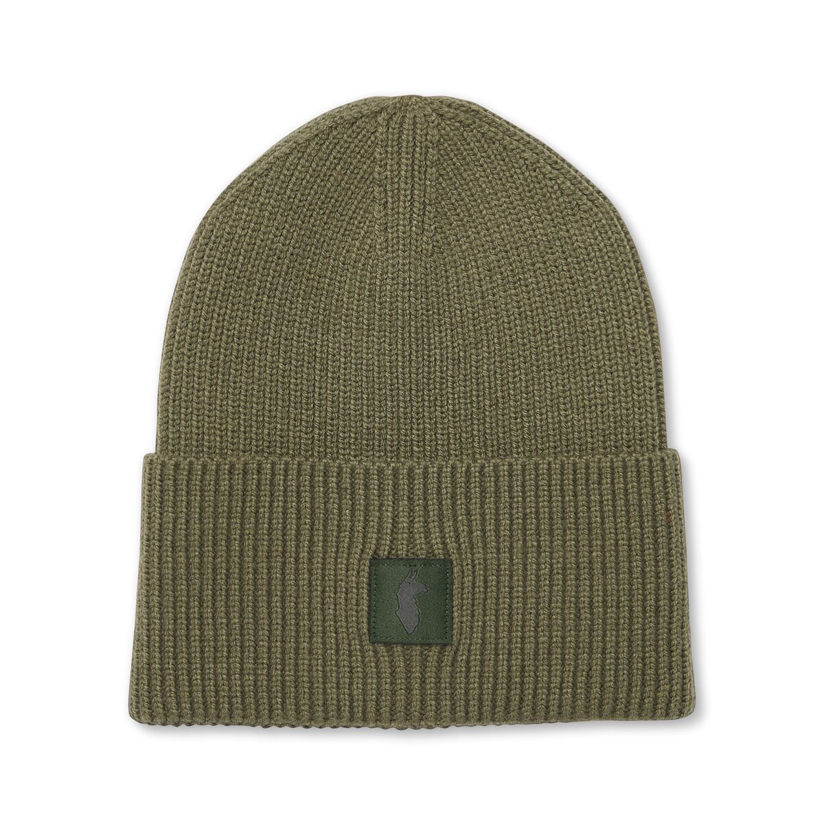 Moss green knitted beanie with Cotopaxi llama patch.