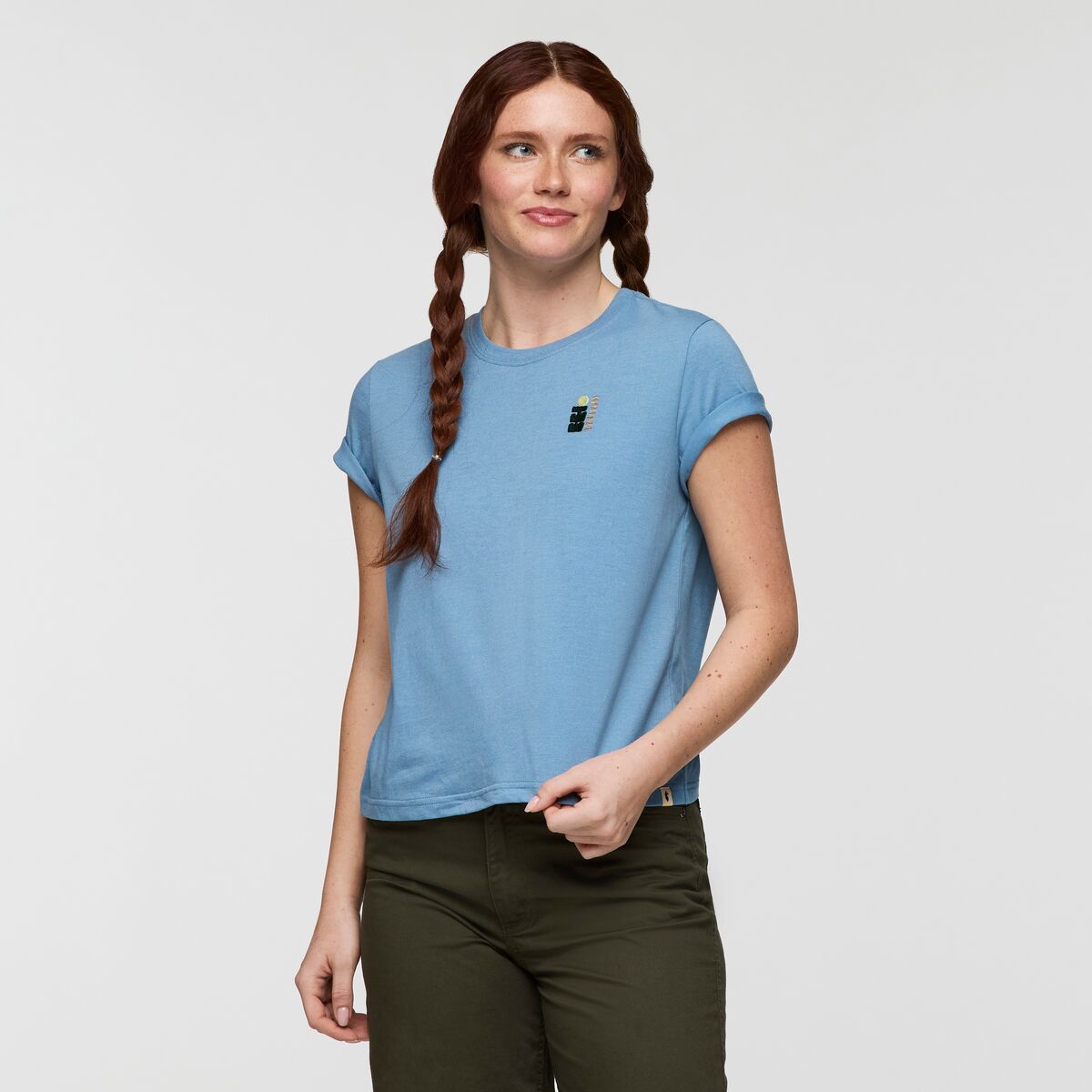 Light blue Cotopaxi T-shirt.
