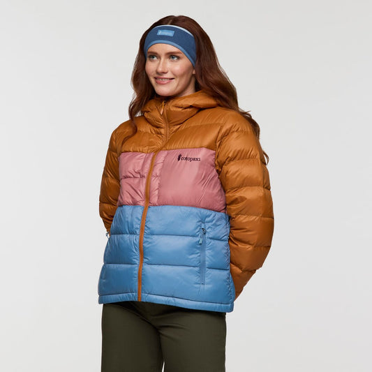 Orange, pink, and blue responsibly sourced down hooded puffer jacket with Cotopaxi logo.