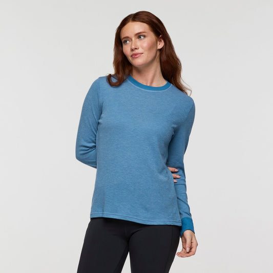 Recycled polyester and wool blend long sleeved blue top by Cotopaxi.