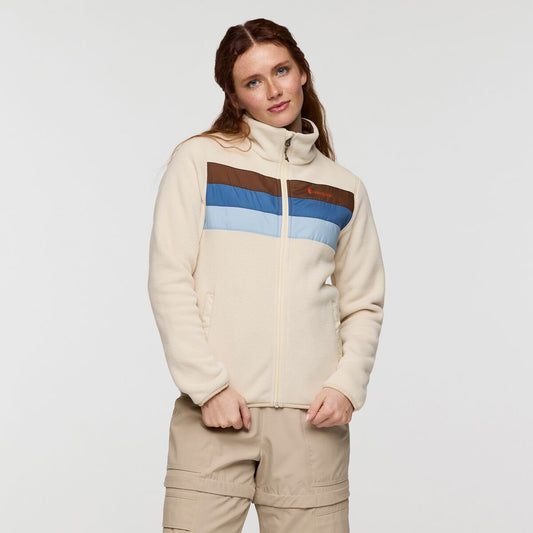 Cream fleece zip up jacket with blue and brown stripe and Cotopaxi logo.