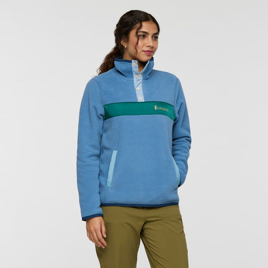 Sky blue half zip recycled fleece with teal stripe and Cotopaxi logo.