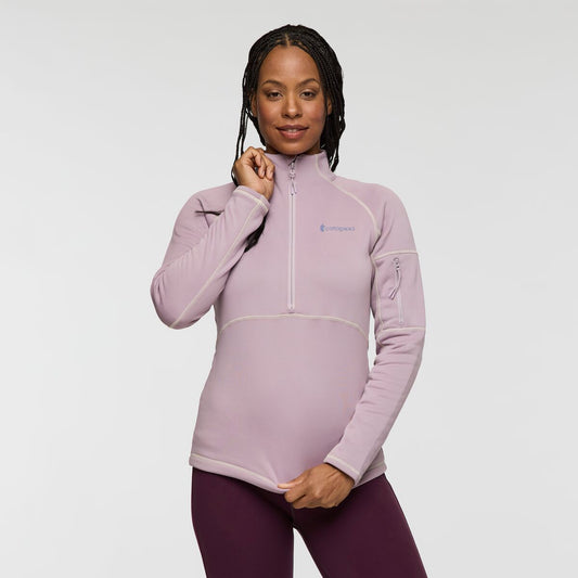 Soft greyed lilac recycled polyester half zip fleece with Cotopaxi logo.