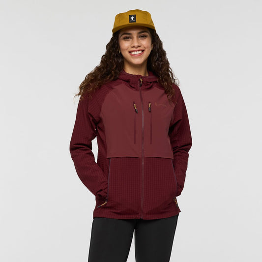 Burgundy hooded waterproof jacket from Cotopaxi.
