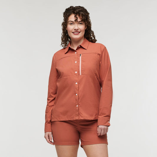 Orange recycled polyester UPF 50+ long sleeved shirt by Cotopaxi.
