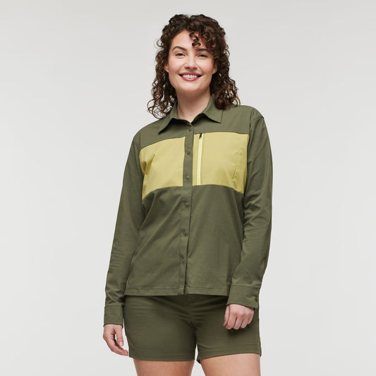 Khaki and citrus yellow hiking shirt with UPF 50+, from Cotopaxi.